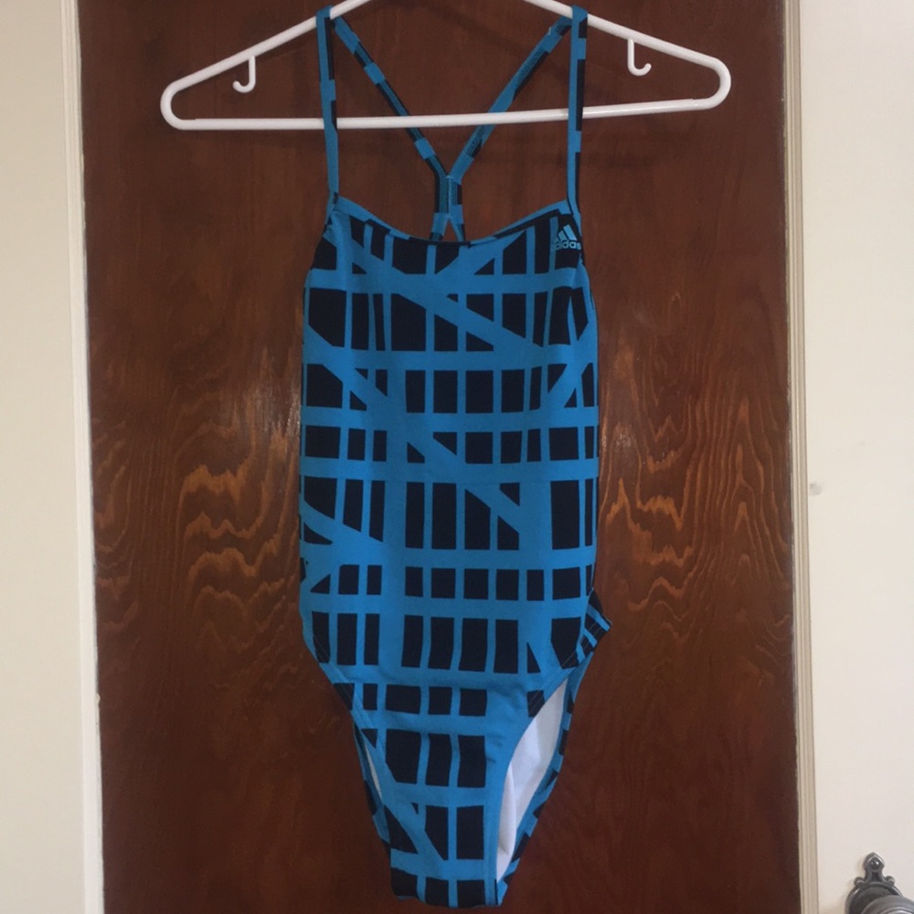 Adidas blue and black open back one piece swimsuit